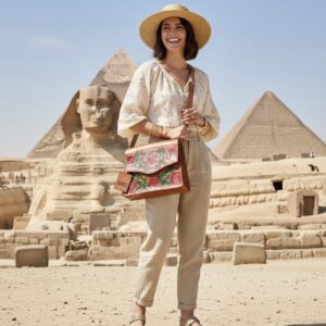 شنطة كروس جلد طبيعي بقري سميك حجم كبير – تصميم بارز يدوي برسمة ورد أحمر وورق شجر أخضر – بني فاتح – AMY