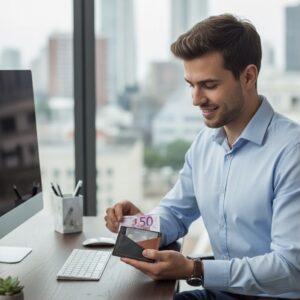 AMY-CH-BR-B-014-1 حافظة كروت رجالي جلد طبيعي بني – 3 فتحات من جلد بقري مع جلد طبيعي حور | AMY