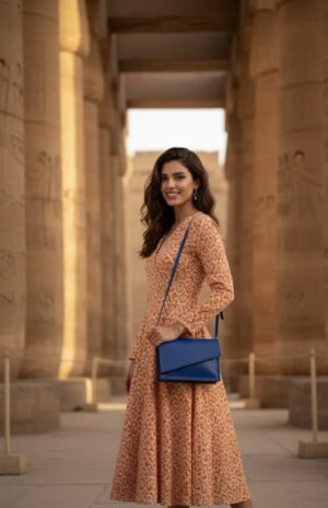 شنطة كروس جلد طبيعي أزرق ملكي بتصميم زاوية مثلث – Handmade by AMY Royal Blue Genuine Leather Crossbody Bag – Triangle Front Design | AMY