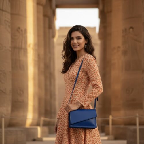 شنطة كروس جلد طبيعي أزرق ملكي بتصميم زاوية مثلث – Handmade by AMY Royal Blue Genuine Leather Crossbody Bag – Triangle Front Design | AMY