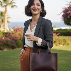 AMY-SH-BR-B-013-3 شنطة كتف نسائي جلد طبيعي بني داكن حجم كبير مستطيلة للعمل – جلد بقري ببطانة جلد ضاني | AMY