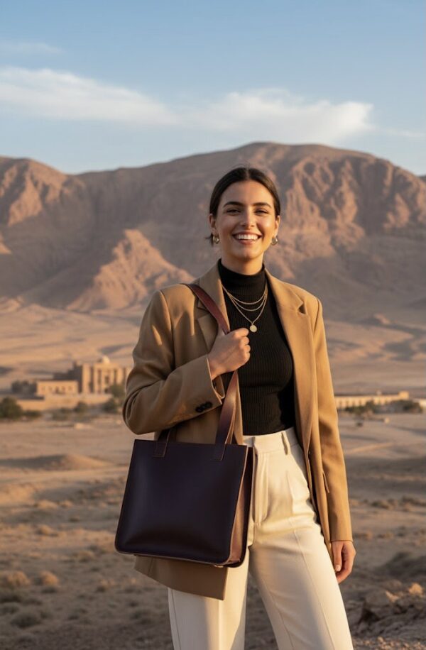 شنطة كتف نسائية جلد طبيعي بني داكن – مستطيلة كبيرة للعمل | Dark Brown Large Leather Shoulder Bag – Handmade for Work