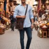شنطة كروس رجالي بني داكن جلد بقري صناعة يدوية مع جيب أمامي وقفل إبزيمHandmade dark brown men’s crossbody bag in cowhide leather with front pocket and buckle closure
