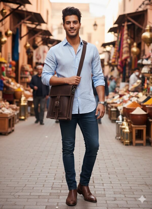 شنطة كروس رجالي بني داكن جلد بقري صناعة يدوية مع جيب أمامي وقفل إبزيمHandmade dark brown men’s crossbody bag in cowhide leather with front pocket and buckle closure