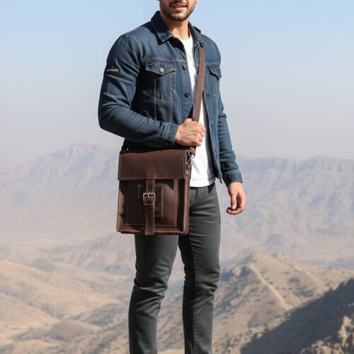 شنطة كروس, جلد بقري, صناعة يدوية, جيب أمامي, قفل إبزيم, شنطة رجالي, حقيبة صغيرة, تصميم عصري, استخدام يومي, سفر, متانة وفخامة, بني داكن Handmade dark brown men’s crossbody bag in cowhide leather with front pocket and buckle closure