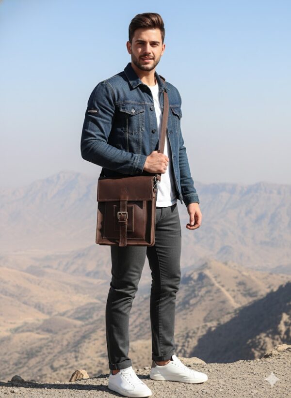شنطة كروس, جلد بقري, صناعة يدوية, جيب أمامي, قفل إبزيم, شنطة رجالي, حقيبة صغيرة, تصميم عصري, استخدام يومي, سفر, متانة وفخامة, بني داكن Handmade dark brown men’s crossbody bag in cowhide leather with front pocket and buckle closure