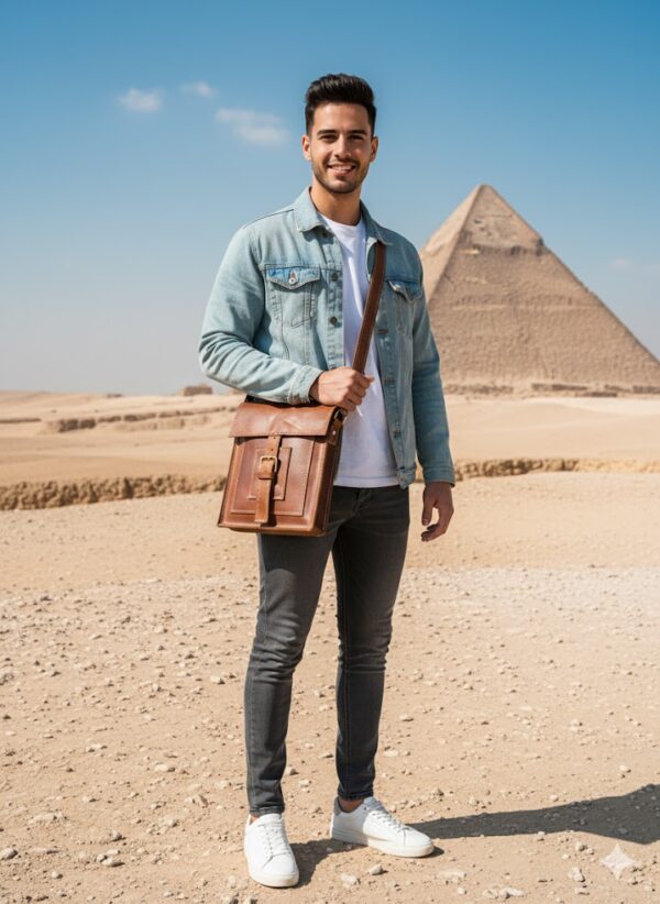 شنطة كروس رجالي جلد طبيعي صناعة يدوية، تحتوي على جيب أمامي وقفل إبزيم Handmade men’s crossbody bag in natural leather with front pocket and buckle closure
