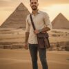 شنطة كروس رجالي جلد بقري بني داكن – جيب أمامي وقفل إبزيم