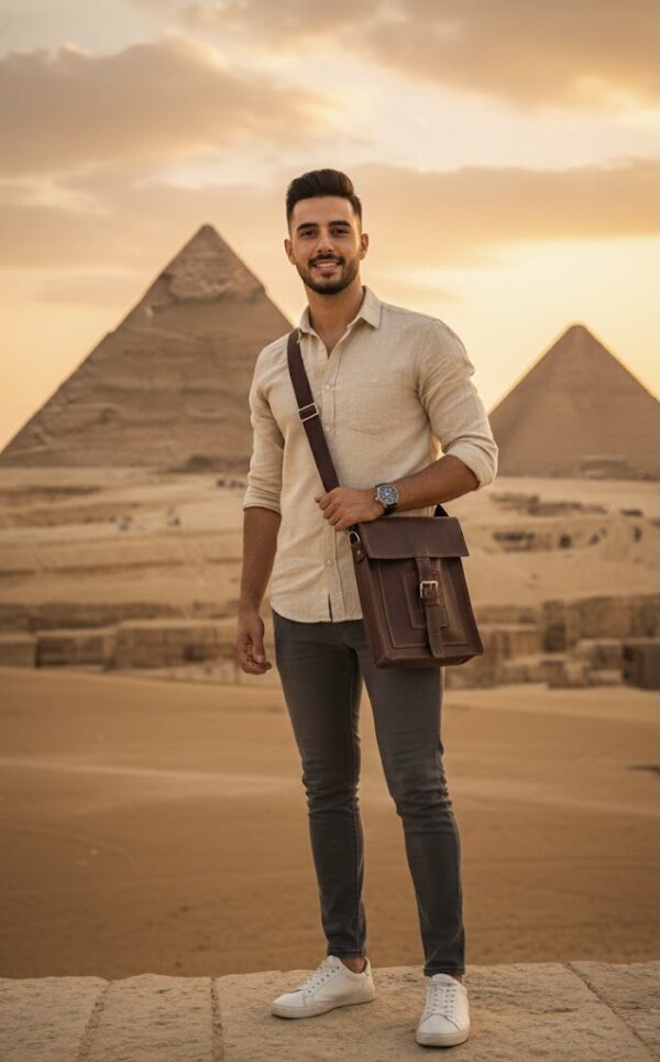 شنطة كروس رجالي جلد بقري بني داكن – جيب أمامي وقفل إبزيم