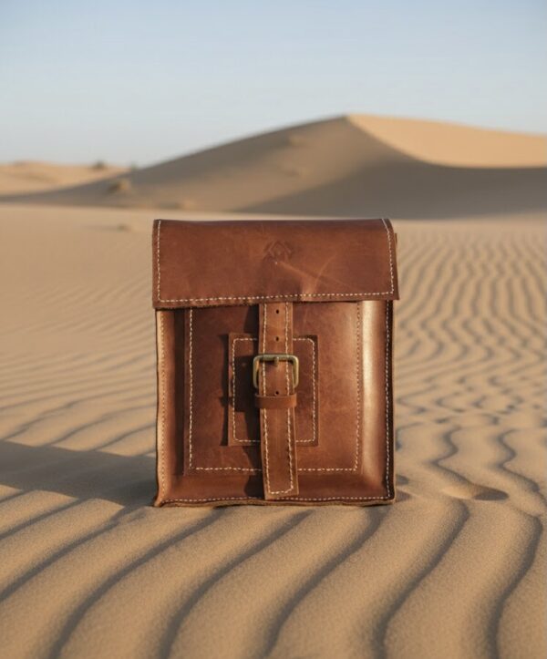 شنطة كروس رجالي جلد طبيعي صناعة يدوية مع جيب أمامي وقفل إبزيمHandmade men’s crossbody bag in natural leather with front pocket and buckle closure