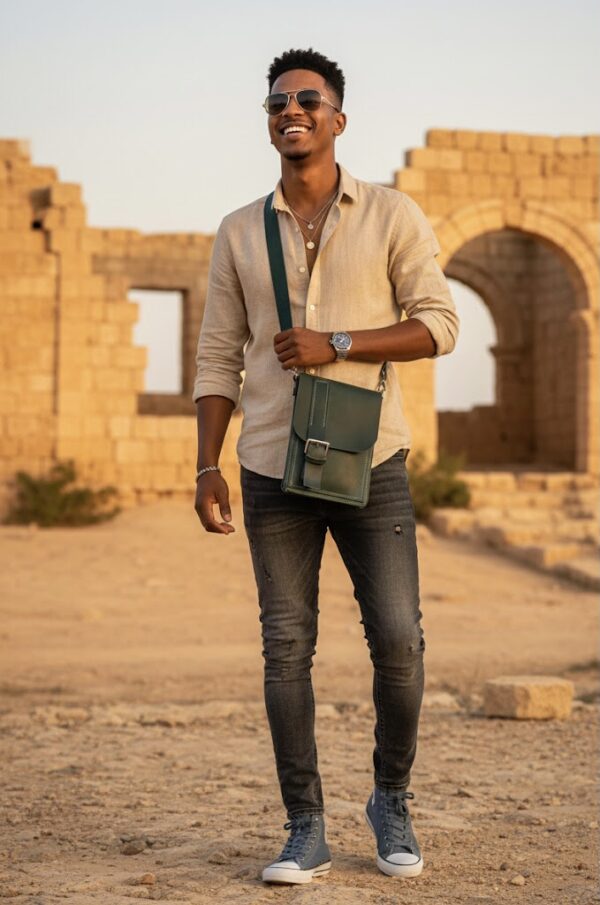 شنطة كروس رجالي جلد طبيعي لون زيتوني – تصميم كلاسيك من AMY