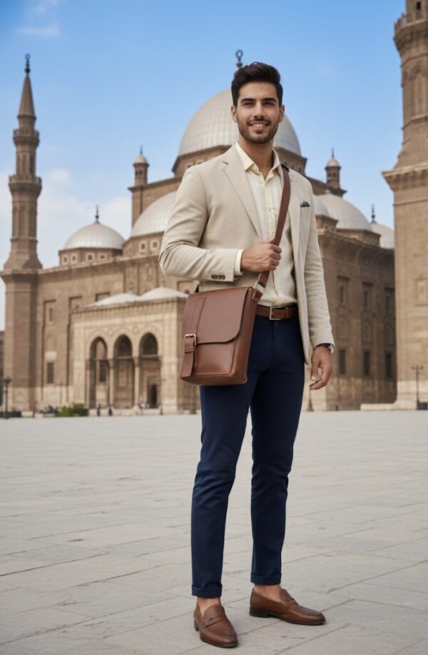 شنطة كروس رجالي جلد طبيعي بني فاتح | AMY Leather Crossbody Bag